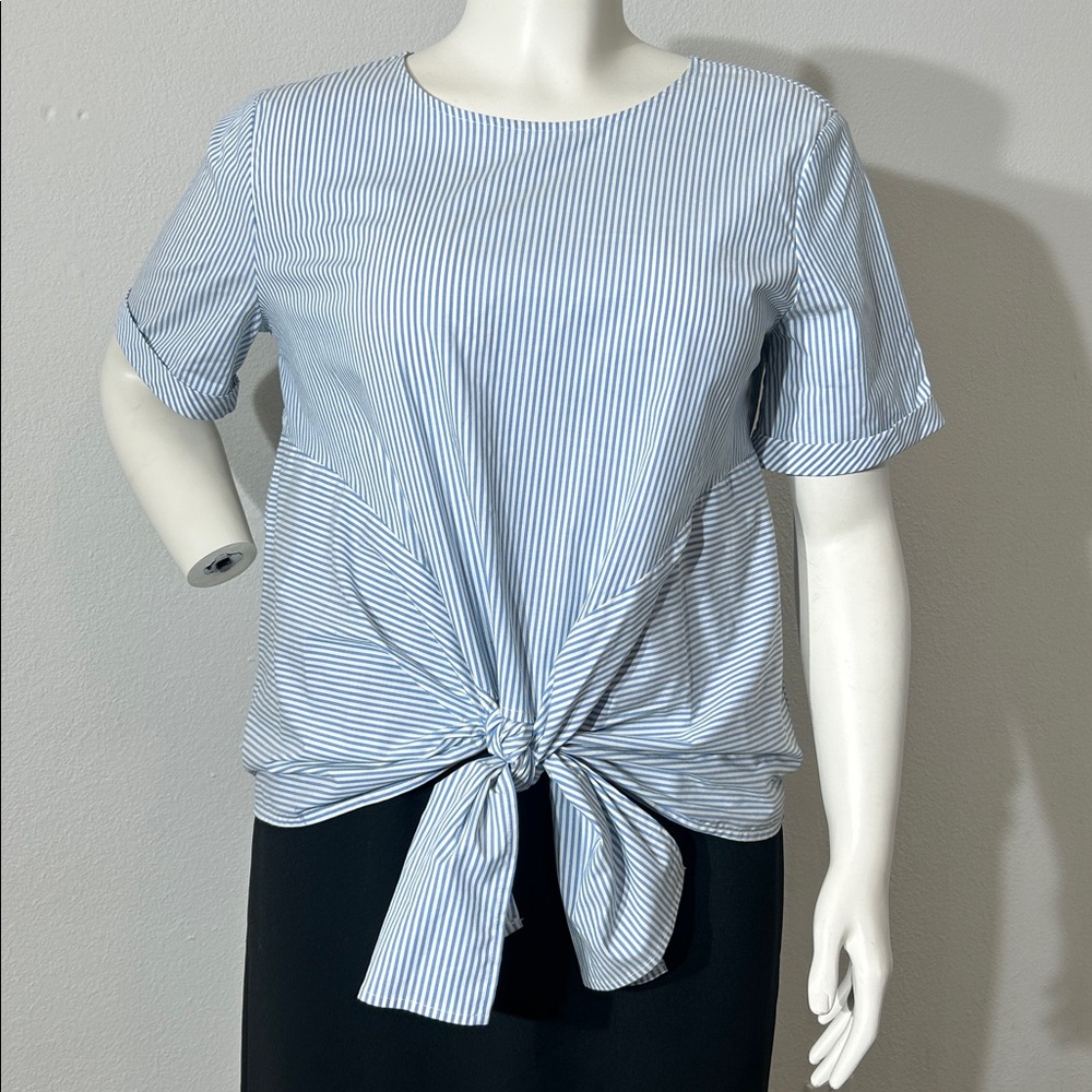 Ann Taylor Blue Striped Tie-Front Top sz L